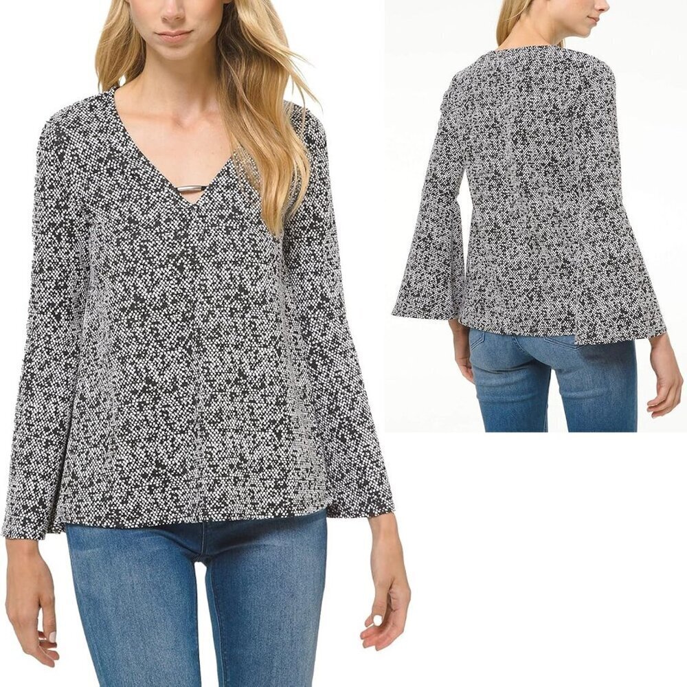 New Michael Kors Marled V-neck Flare Long Sleeve Top Size L